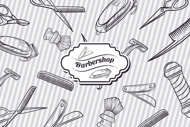 Vector el fondo muestra un conjunto de herramientas de barbero para una barbería.