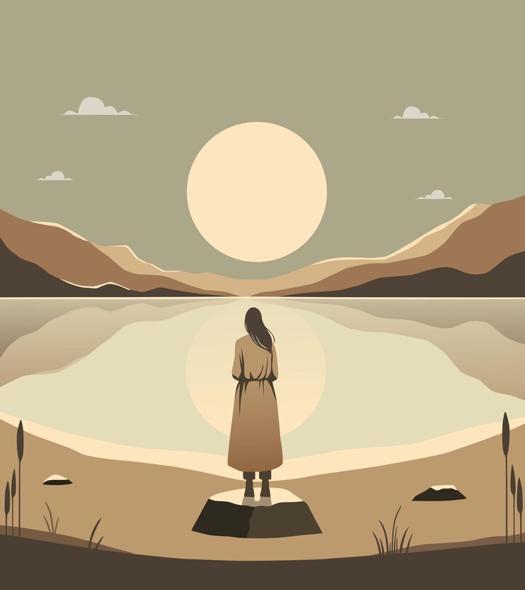 Vector fondo una mujer de pie en una roca mirando el lago en una atmósfera cálida diseño estética s