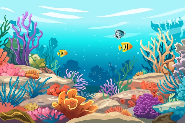 Fondo del mundo marino en las maravillas del diseño de dibujos animados planos de la naturaleza como bancos de peces en los arrecifes de coral