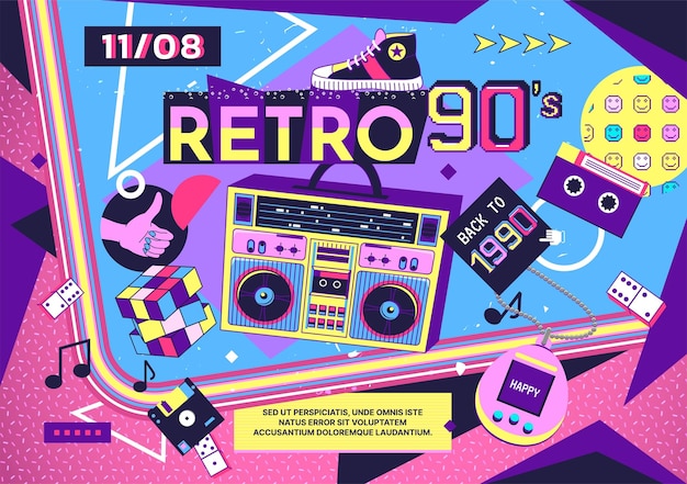 Fondo de música de los 90 Cartel retro de la década de 1990 con elementos pop y musicales de los 80 Tendencias de moda de arte abstracto colorido Telón de fondo contemporáneo brillante Plantilla vectorial