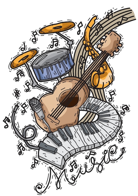 Fondo de música con instrumentos dibujados a mano estilo