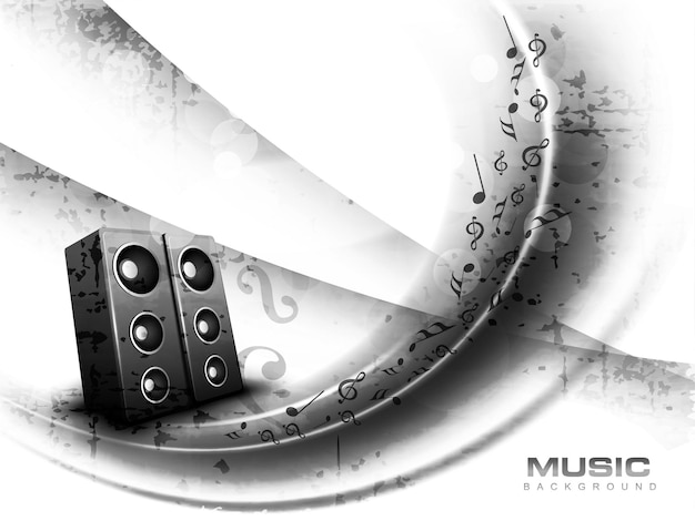Vector fondo musical abstracto con altavoz de sonido y notas musicales en color blanco y negro.