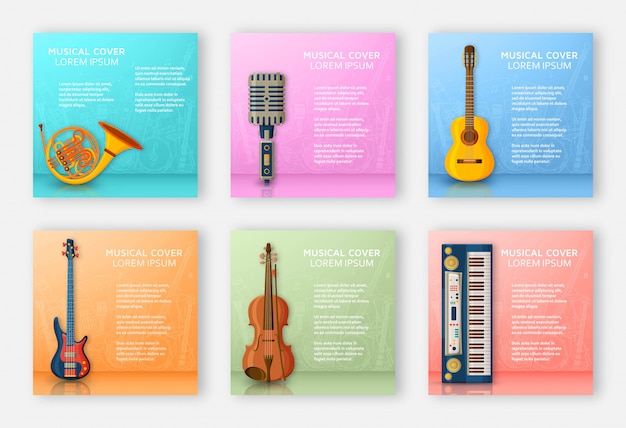 Vector fondo musical compuesto por diferentes instrumentos musicales, clave de sol y notas. lugar de texto ilustración colorida