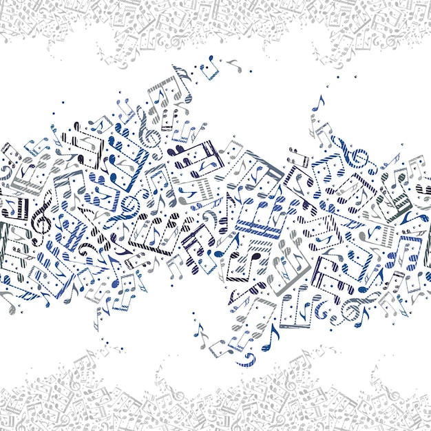Fondo musical sin fisuras con notas, composición horizontal, patrón vectorial.