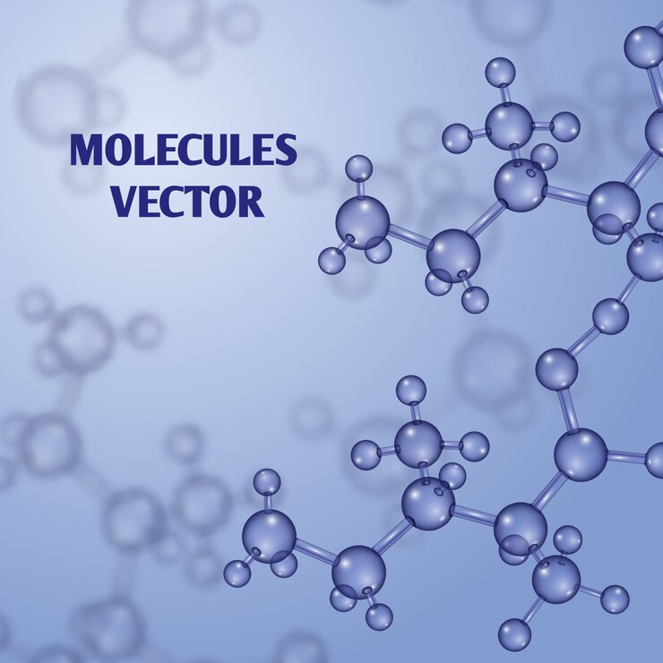 Vector fondo de nanotecnología química con macro moléculas 3d. sustancia de estructura molecular