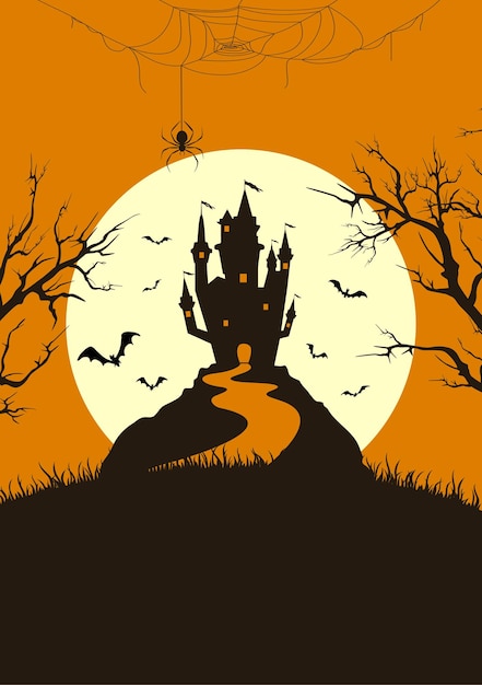 Fondo naranja de halloween con castillo aterrador