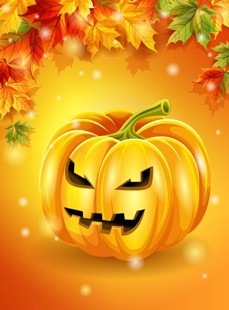 Fondo naranja de Halloween hojas de otoño personaje de calabaza Ilustración vectorial