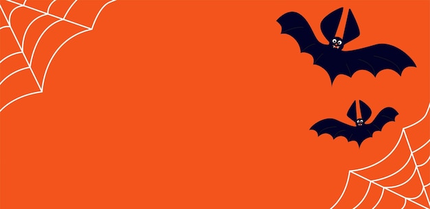 Vector fondo naranja de halloween con murciélagos y telaraña en las esquinas.