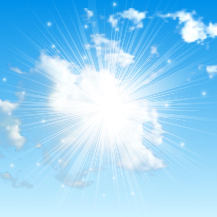 Vector fondo natural con nubes y sol en el cielo azul. nube realista sobre fondo azul. ilustración vectorial