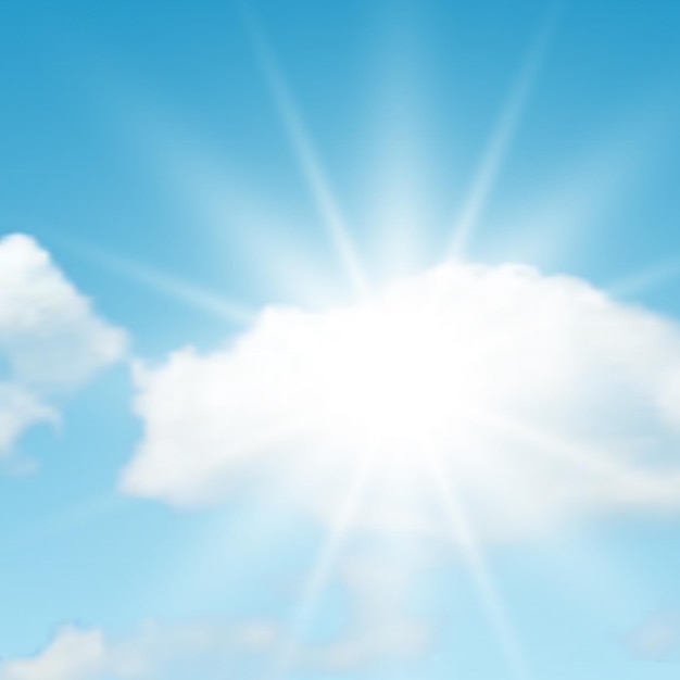 Vector fondo natural con nubes y sol en el cielo azul. nube realista sobre fondo azul. ilustración vectorial