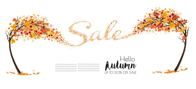 Fondo natural de otoño con árboles y hojas coloridas que caen reunidas en la forma de la palabra venta Venta de otoño Vector