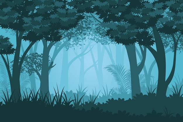 Vector fondo de naturaleza de bosque tropical con siluetas de hojas y árboles