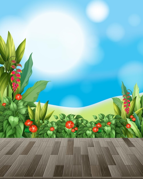 Vector fondo de naturaleza con campo de flores y pasto verde