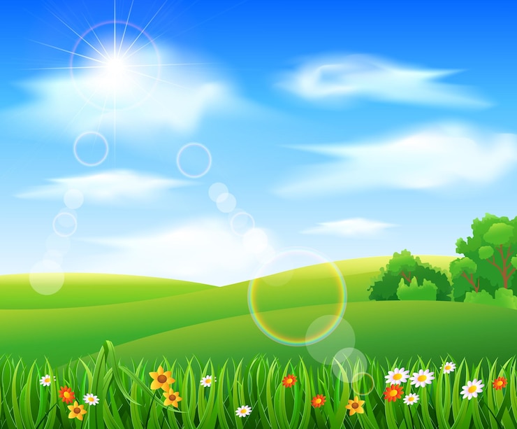 Vector fondo de la naturaleza con hierba verde y flores y cielo azul