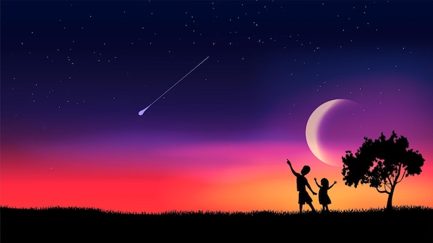 Vector fondo de naturaleza nocturna de fantasía con niños mirando la luna