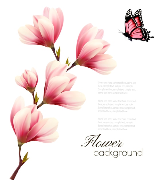 Fondo de naturaleza con rama de flor de flores rosas y mariposas. vector