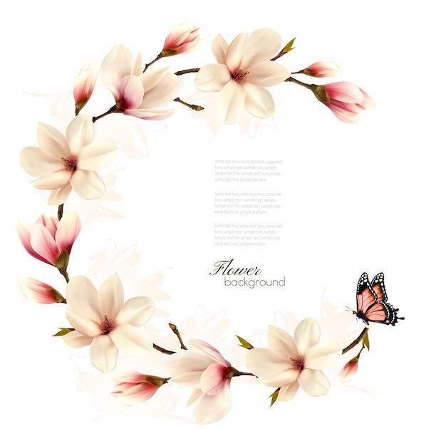 Fondo de naturaleza con rama de flor de magnolia blanca y mariposa. vector
