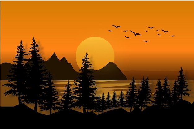 Fondo de naturaleza salvaje de ilustración de paisaje de puesta de sol de montaña y lago