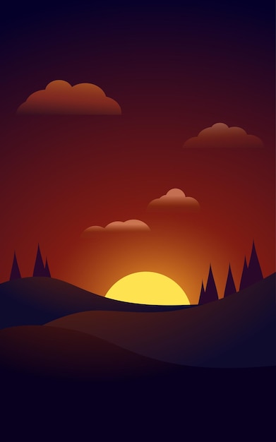 Vector fondo de naturaleza vectorial plana con puesta de sol y pinos