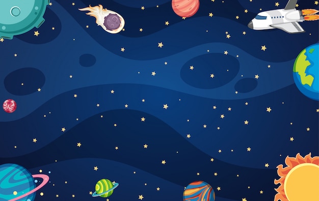 Vector fondo con nave espacial y muchos planetas en el espacio