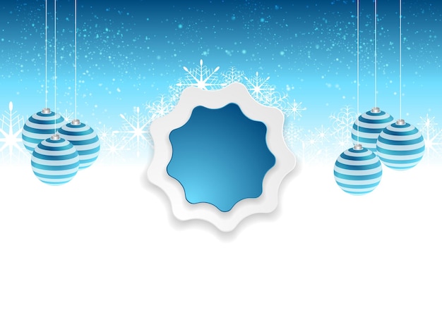 Fondo de Navidad abstracto blanco azul con copos de nieve, bolas de abeto y etiqueta adhesiva Diseño de invierno vectorial brillante