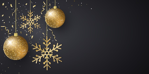 Fondo de Navidad con adornos de bolas brillantes colgantes, copos de nieve, confeti volador y oropel sobre un fondo oscuro.