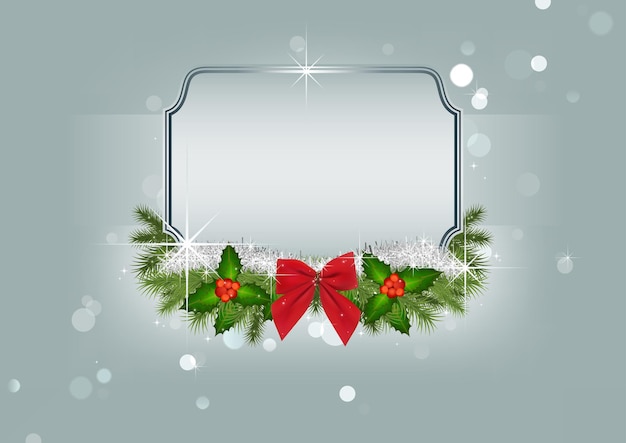 Fondo de Navidad con adornos navideños y marco plateado sobre fondo de invierno