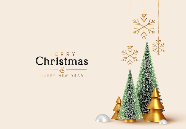 Fondo de Navidad y año nuevo. Árbol exuberante de abeto de pino de Navidad. Árboles de Navidad de oro abstractos cónicos. Copos de nieve colgando de la cinta. Brillante composición de vacaciones de invierno. Tarjeta de felicitación, pancarta, póster.