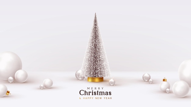 Fondo de Navidad y año nuevo. Árbol exuberante de abeto de pino de Navidad. Bolas de vidrio blanco, esferas 3d redondas transparentes, ilustración de procesamiento. Brillante composición de vacaciones de invierno. Tarjeta de felicitación, pancarta, cartel.