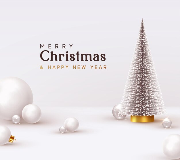Fondo de Navidad y año nuevo. Árbol exuberante de abeto de pino de Navidad. Bolas de vidrio blanco, esferas 3d redondas transparentes, ilustración de procesamiento. Brillante composición de vacaciones de invierno. Tarjeta de felicitación, pancarta, cartel.