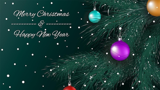 Fondo de navidad y año nuevo con árbol de navidad realista y adornos para árboles de navidad. ilustración vectorial.
