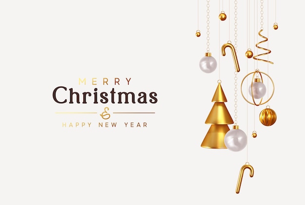 Fondo de Navidad y año nuevo. Árboles de Navidad de oro abstractos cónicos. Bolas de Navidad colgando de una cinta. Brillante composición de vacaciones de invierno. Tarjeta de felicitación, pancarta, afiche. ilustración vectorial