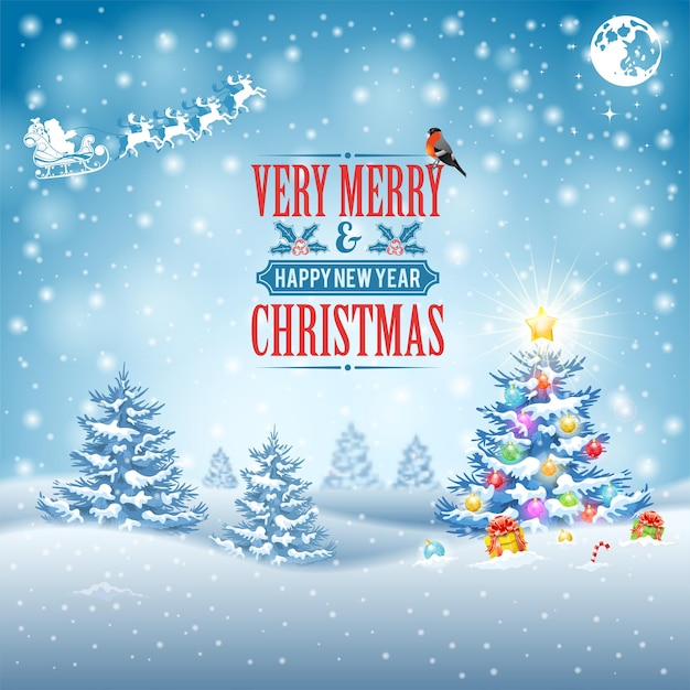 Fondo de Navidad y año nuevo. Árboles de Navidad, regalos, etiquetas, copos de nieve, camachuelo y ciervos con Santa sobre fondo nevado. Plantilla vectorial para portada, volante, folleto, tarjeta de felicitación