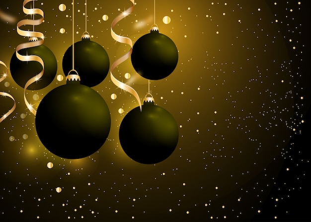 Vector fondo de navidad y año nuevo con bolas de adornos negros y cintas doradas sobre fondo negro oscuro.