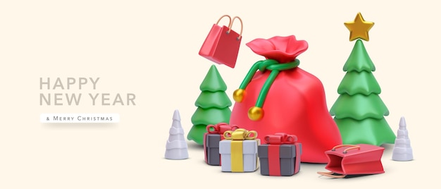 Fondo de Navidad y año nuevo con bolsa de regalo de árboles de Navidad realista con regalos Ilustración vectorial