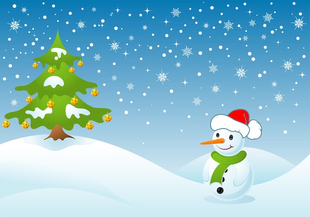 Fondo de Navidad con árbol y muñeco de nieve, ilustración vectorial