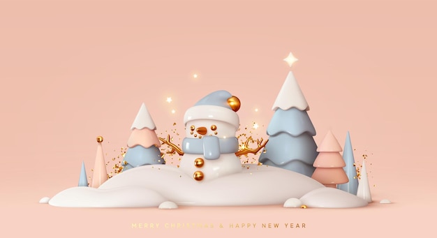 Fondo de Navidad. Árboles de Navidad 3d realistas, paisaje invernal colorido, muñeco de nieve divertido en la nieve. Feliz año nuevo diseño abstracto festivo. Suave color pastel azul y rosa blanco. ilustración vectorial