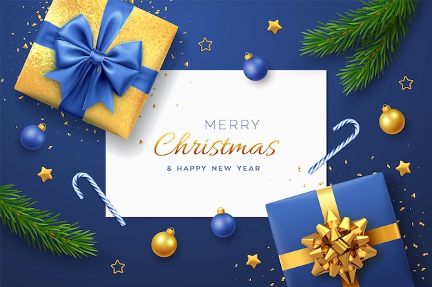 Fondo de navidad azul con banner de papel cuadrado, cajas de regalo realistas con lazos verdes y dorados, ramas de pino, estrellas doradas y confeti, adorno de bolas. fondo de navidad, tarjetas de felicitación. vector.