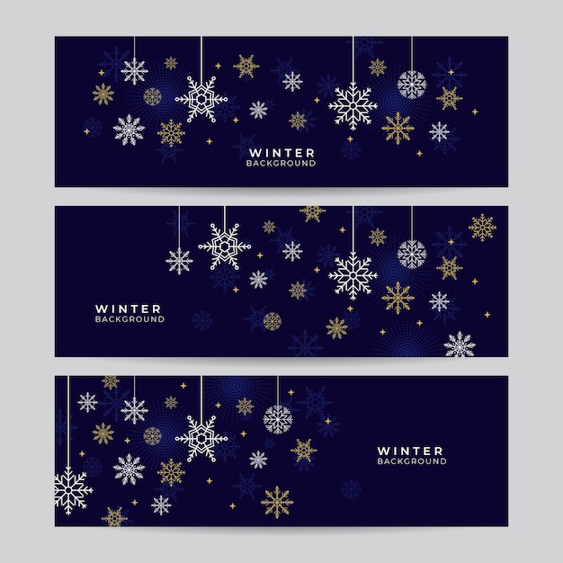 Fondo de Navidad azul oro con nieve. Tarjeta de Navidad con ilustración de vector de borde de copo de nieve.