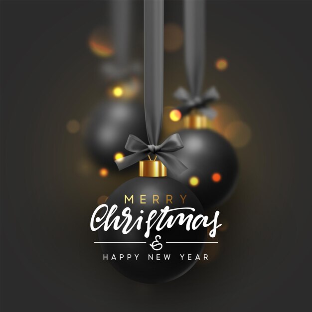 Fondo de Navidad con bolas negras colgando de la cinta con lazos y brillantes luces bokeh. ilustración vectorial