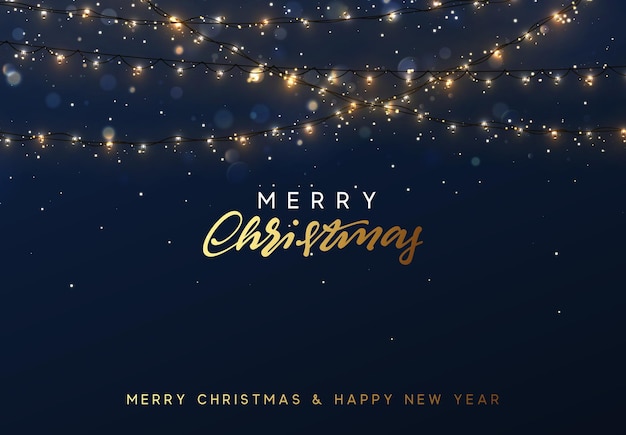 Fondo de Navidad con brillantes guirnaldas realistas. Luces brillantes de Navidad. Vacaciones de Navidad. Diseño de tarjetas de felicitación. Diseño de año nuevo con decoración luminosa. ilustración vectorial