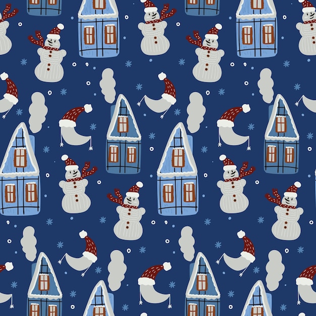 Fondo de Navidad con casas y muñeco de nieve Patrón sin costuras Para tarjetas de felicitación Papeles de regalo