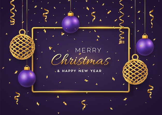 Fondo de Navidad con colgantes brillantes bolas doradas y púrpuras y marco metálico dorado. Feliz navidad tarjeta de felicitación. Cartel de vacaciones de Navidad y año nuevo, portada, banner. Ilustración de vector.