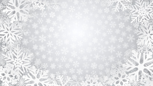 Fondo de Navidad en colores grises con copos de nieve blancos