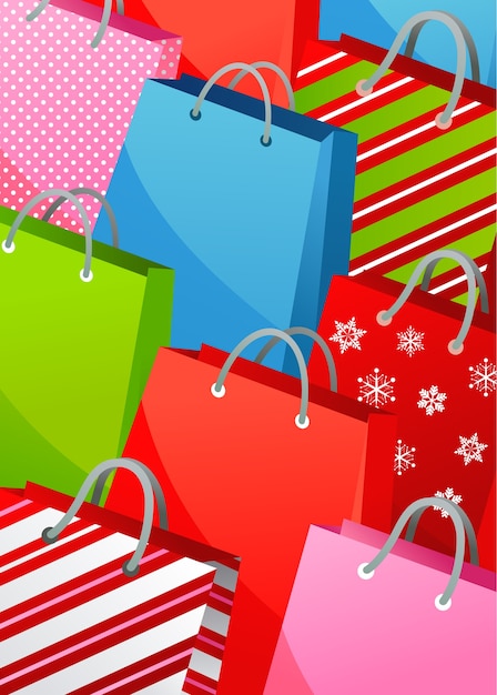Fondo de Navidad con coloridas bolsas de regalo - plantilla de vector de cartel, pancarta o tarjeta de felicitación