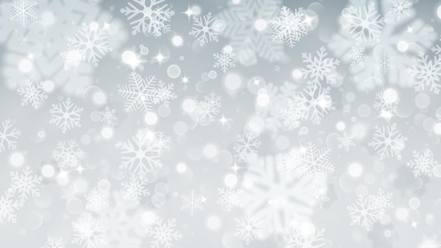 Fondo de navidad con copos de nieve blancos borrosos y claros sobre fondo gris grandes copos de nieve pequeños borrosos y claros ilustración de vector de navidad de hermosos copos de nieve