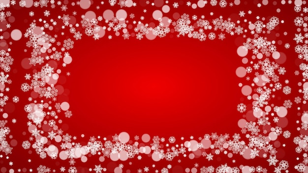 Fondo de Navidad con copos de nieve blancos sobre fondo rojo Colores de Santa Claus Fondo de año nuevo y Navidad para invitación de fiesta banner tarjeta de regalo oferta minorista Telón de fondo de invierno horizontal