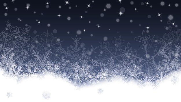 Vector fondo de navidad con copos de nieve blancos y ventisqueros sobre fondo gris oscuro copos de nieve que caen ilustración de vector de navidad de hermosos copos de nieve grandes y pequeños