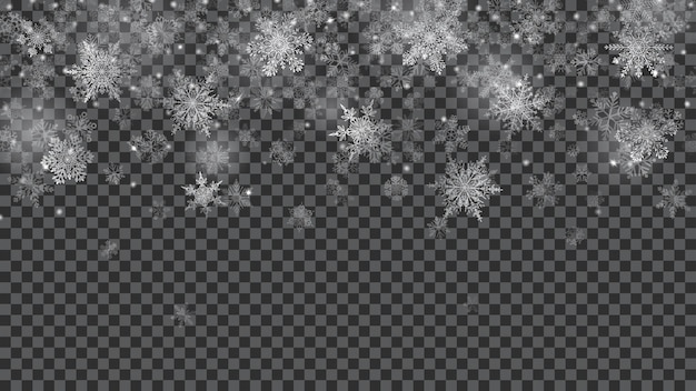 Fondo de Navidad de copos de nieve cayendo translúcidos en colores blancos sobre fondo transparente. Transparencia solo en archivo vectorial