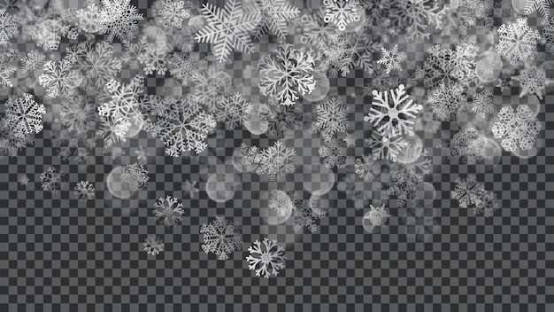 Fondo de Navidad de copos de nieve cayendo translúcidos en colores blancos sobre fondo transparente. Transparencia solo en archivo vectorial